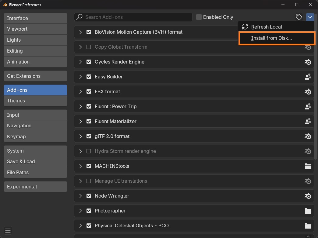 Install from preferences